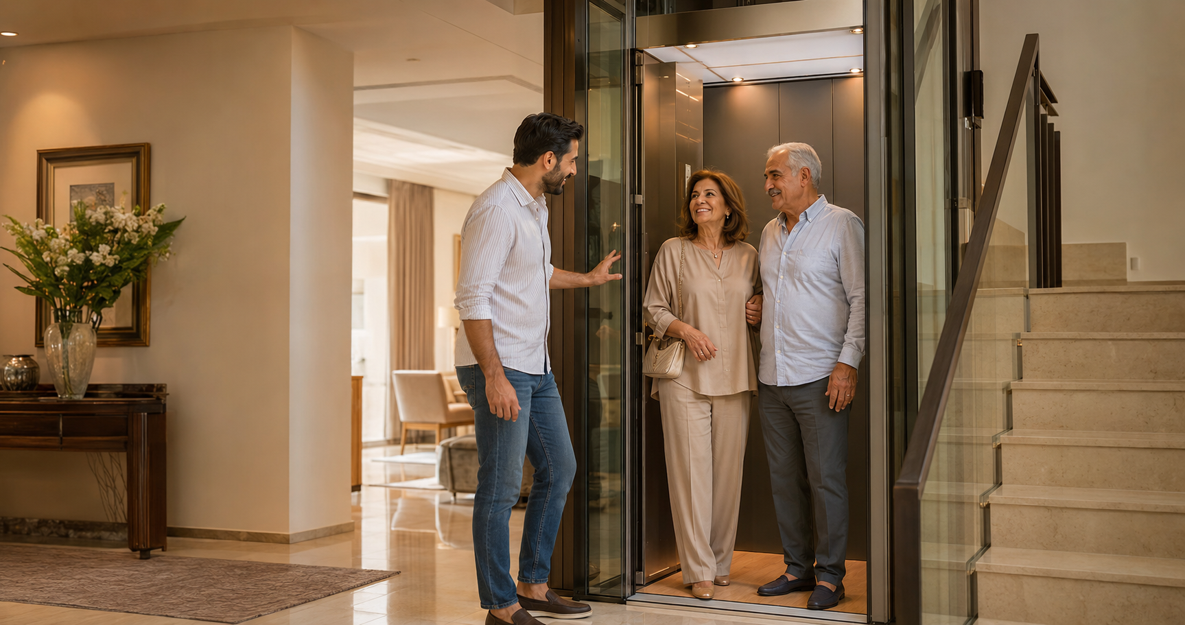 A family welcoming relatives who arrive by home lift